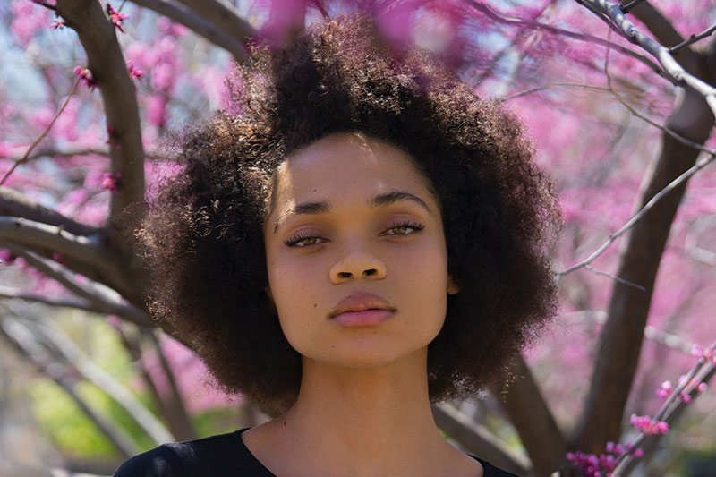 Lady with cherry blossom trees in the background